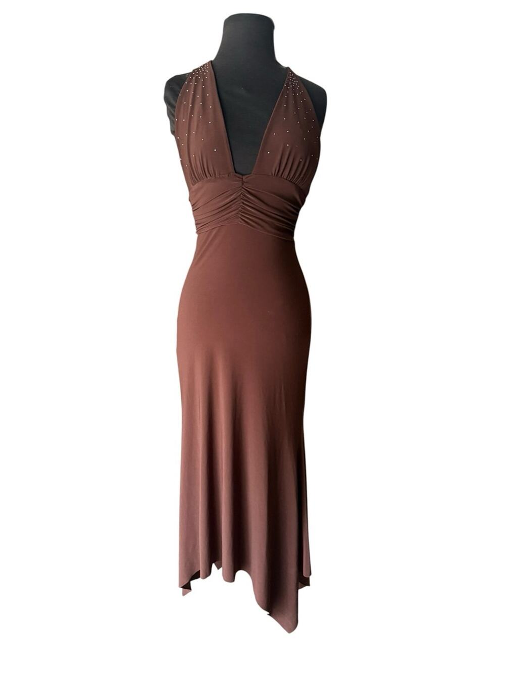 Y2K JUNO Brown Rhinestone Halter Maxi Dress Asymmetric Hem Slinky Open Back S